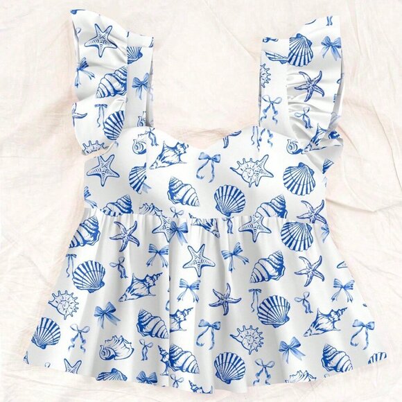 Boho Women's Casual Vacation Style Shell & Ocean print top - Picture 6 of 7